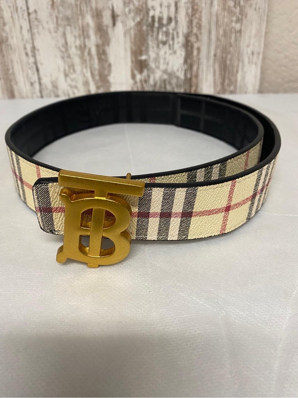Burberry Men's Check Belt with Gold TB Monogram Buckle - Beige/Black - Picture 1 of 3
